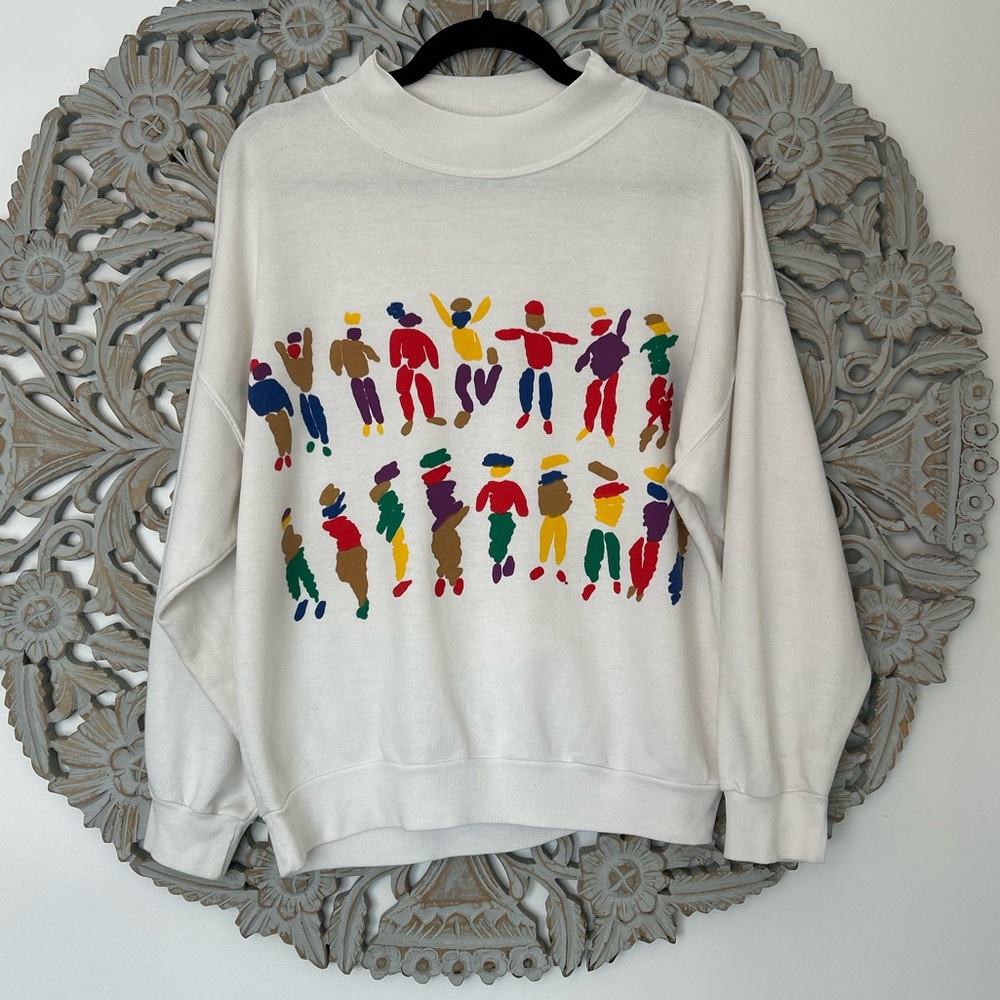 Vintage Cream sweater with a retro-colored character oversized size small
